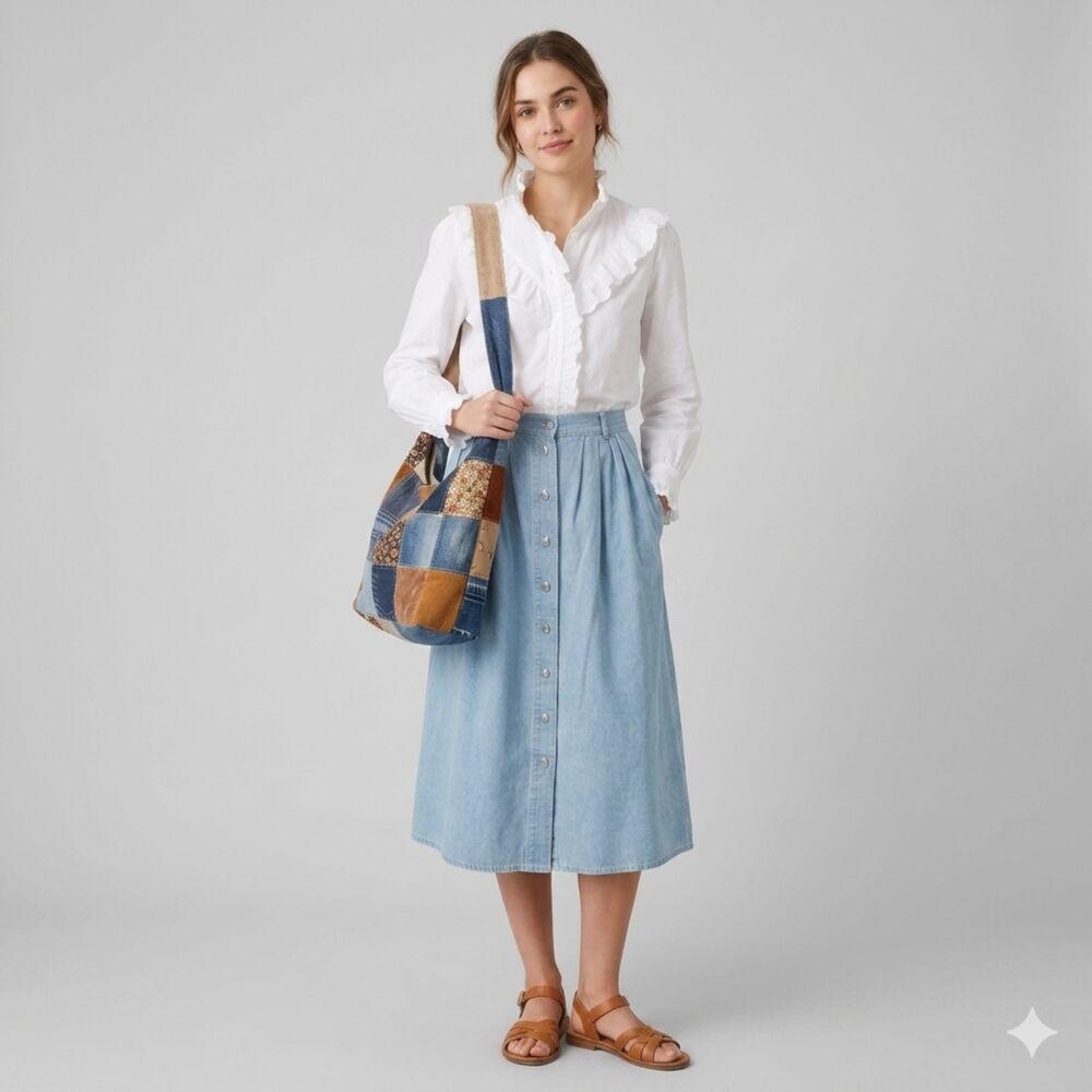 Vintage Koret Denim Jean Maxi Skirt Large Pockets Prairie Boho Cottagecore 90s
